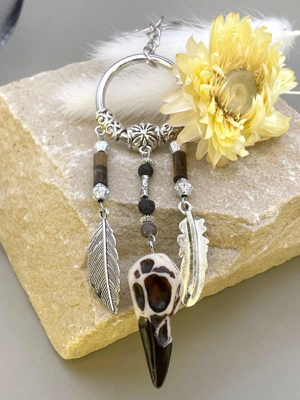 Raven Skull Keychain | Boho Bag Charm | Witchy Feather Keyring - Image 2